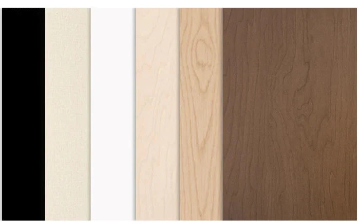 The six colors offered in TruFlat products. From left to right, the colors are Black, Linen, White, Maple, Oak, and Walnut. 